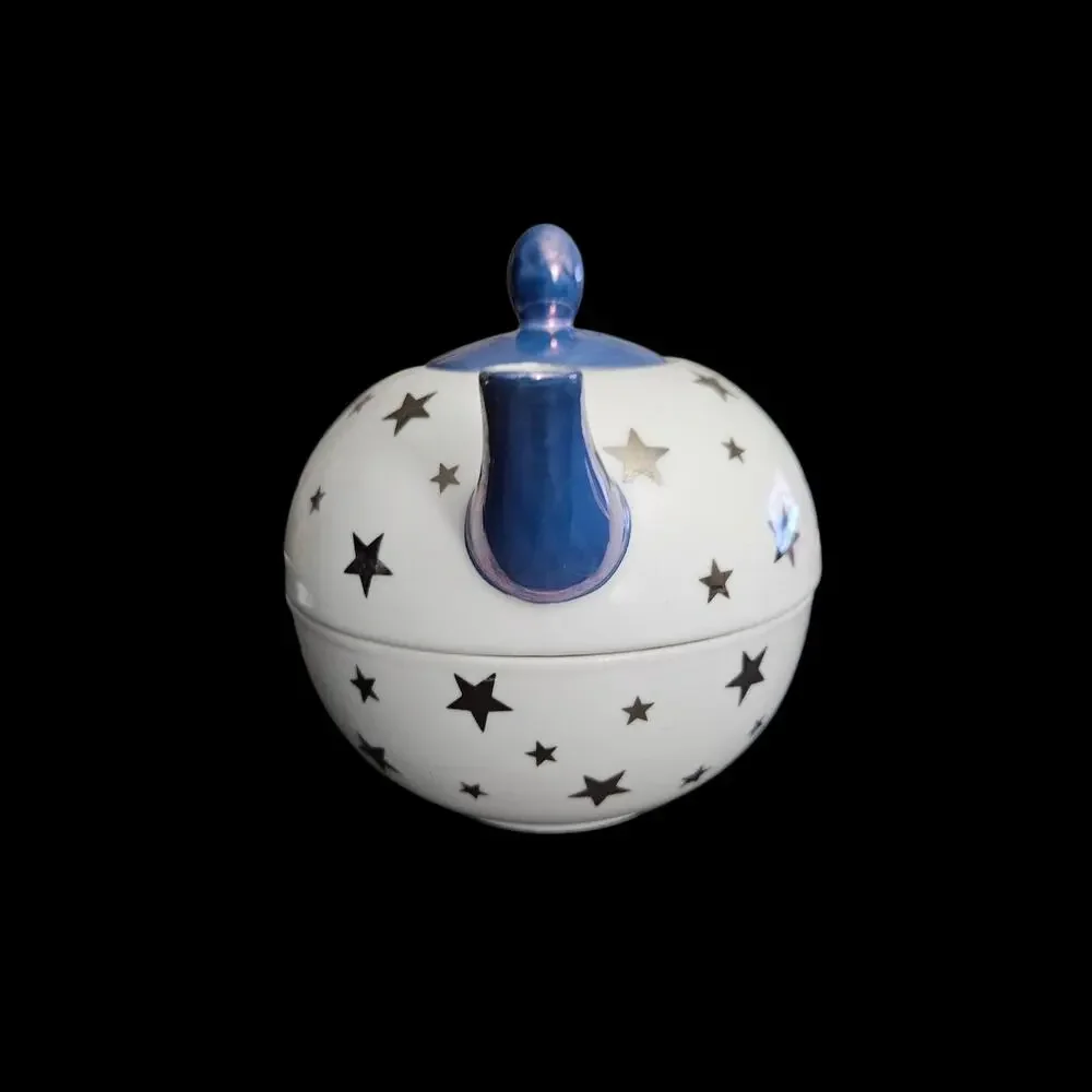 C&R Porcelain Japan Stacking Teapot Cup Blue Silver Stars Natural Wonders